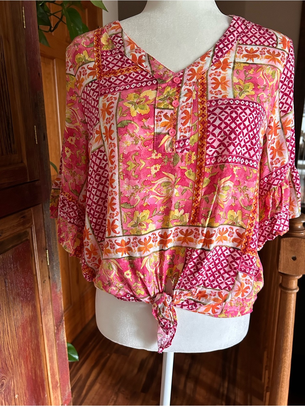 cooper & ella Pink and Orange Floral Patchwork Tie-Front Top